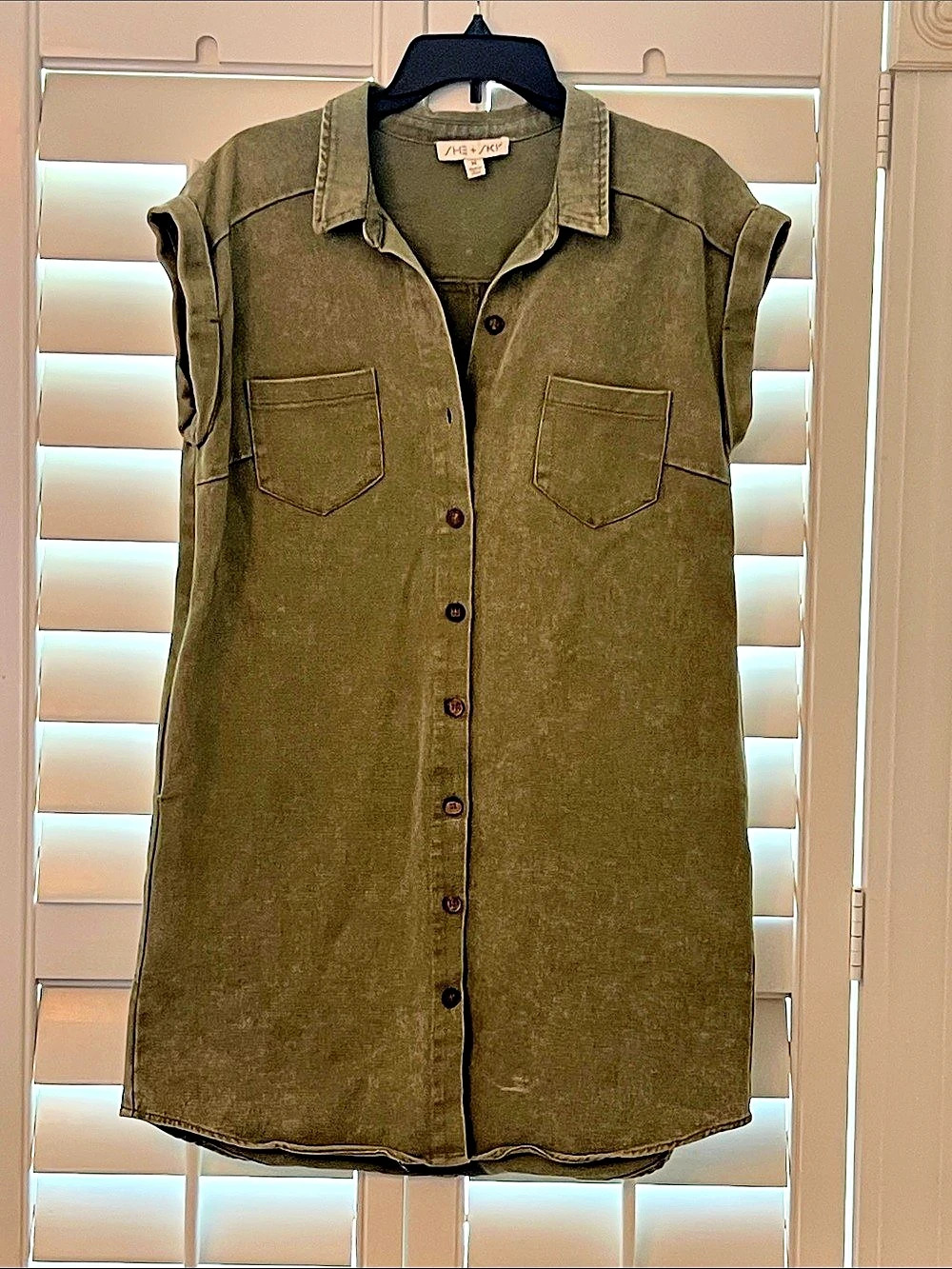 She and Sky Olive Button Down Shirt dress Size Medium